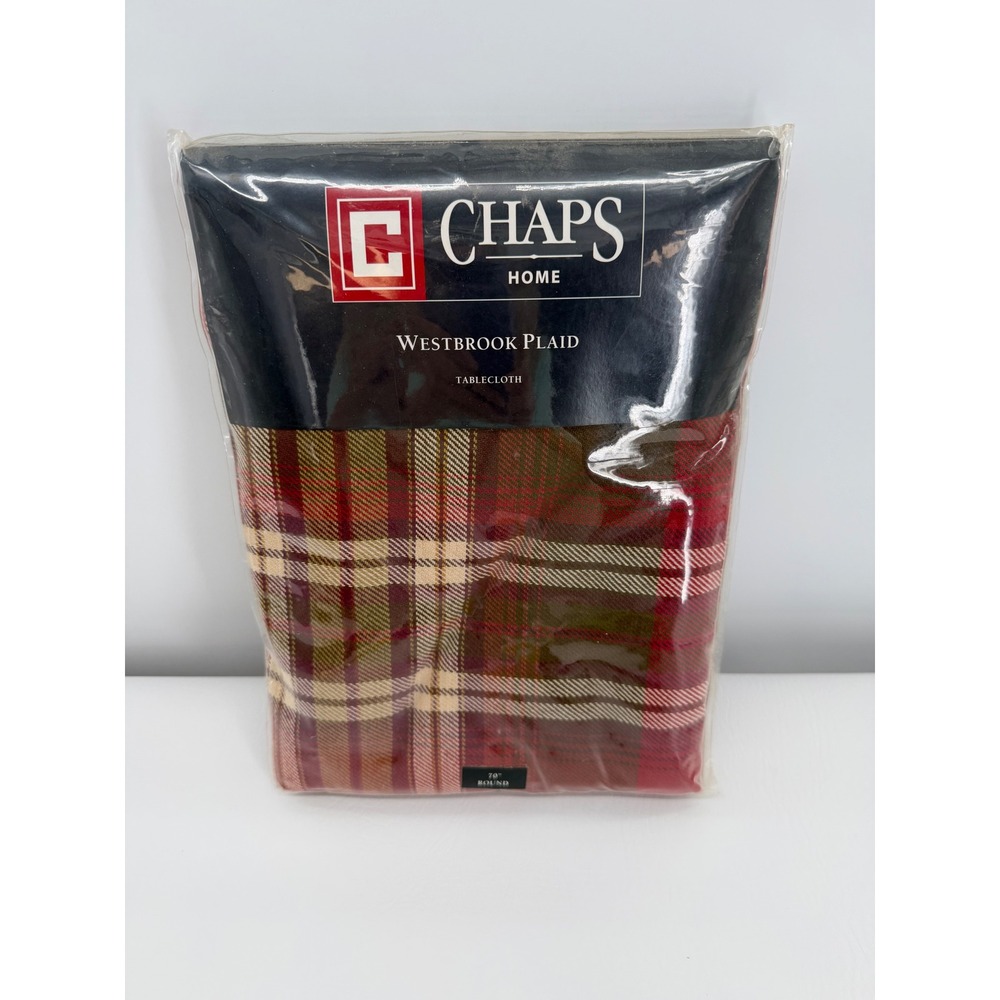 Chaps Westbrook Plaid Tablecloth Round 70" Red Green Cotton Linen New